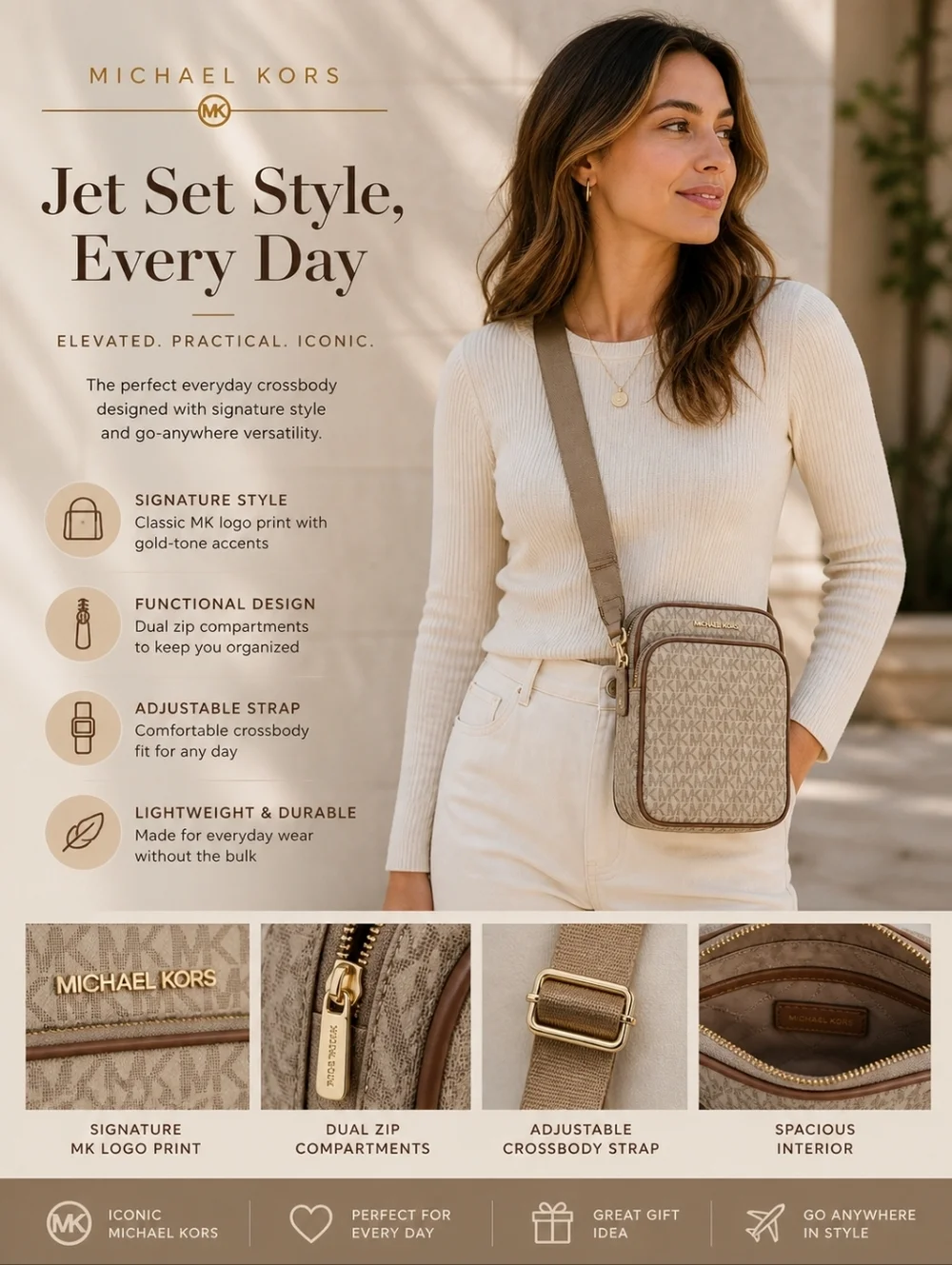 Michael Kors MK Signature Logo Crossbody Bag | Vanilla/Acorn | Flight Bag